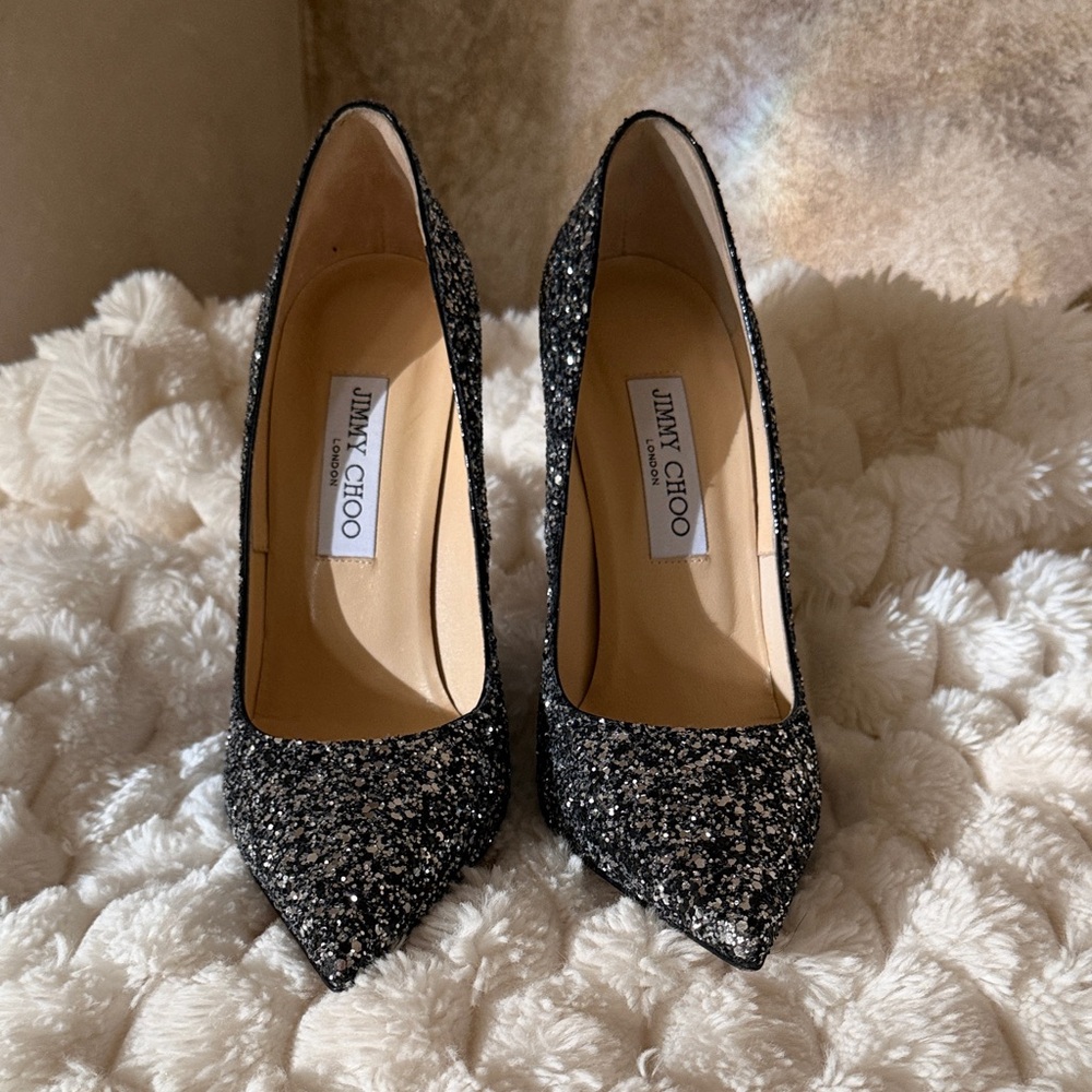 Jimmy Choo Black and Silver Sparkle Heels